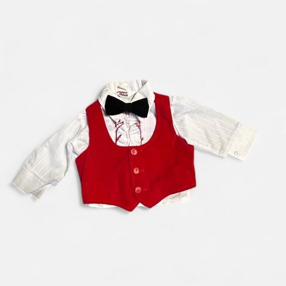12 months baby boy vintage 70s holiday button up shirt, red vest, bow tie set